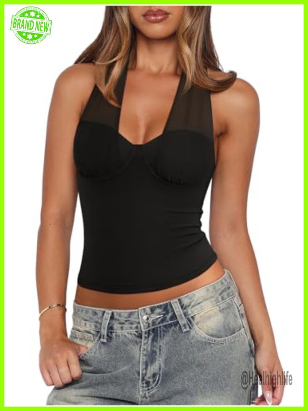 Womens Mesh Halter Double Lined Tops Sexy Deep V Neck Backless Cami Going Out